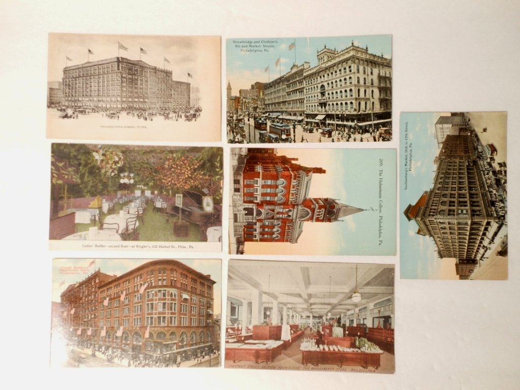 Lot of Postcards, 'Philadelphia, Pa': Lot of 7, 'Gimbel Brothers Department Store'; 'Strawbridge and Clothiers'; 'Gimbel Store'; 'Snellenburg's Market'; 'The Hahnemann College'; 'The Wanamaker Store'; ' Ladies' Buffet at Ringler's'. All a