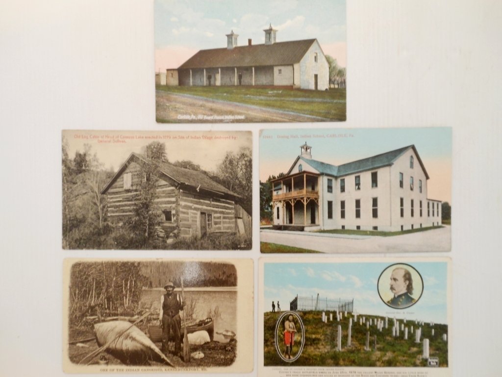 Lot of Postcards, 'Indian': Lot of 5, 'One of the Indian Canoeists, Kennebunkport, Me.'; 'Old Log Cabin at Head of Conesus Lake, erected in 1779 on Site of Indian Village, Destroyed by General Sullivan'; 'Old Guard House, Indian