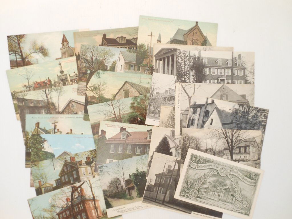 Lot of Postcards, 'Germantown, Pa.': Lot of 23, Assorted kinds of postcards from Germantown in Philadelphia, Pa. Log Cabins, Residences, Churches, Gilbert-Stuart Studio, Springs, Mansions, Street Views, etc…. Some are used with postage