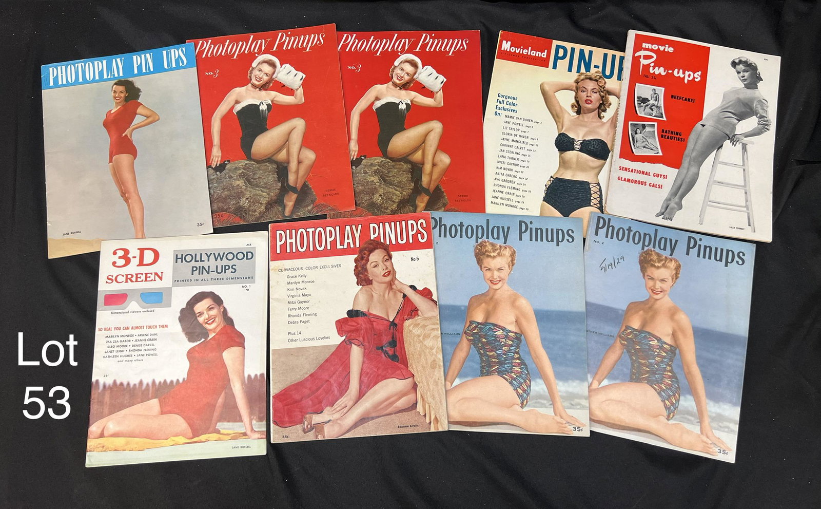 Group of Mid Century Pin-Up Magazines: Lot of 9 vintage Pin-Up Magazines. Covers include Hollywood icons such as Jeanne Crain, Esther Williams, Debbie Reynolds and others. Some doubles. *notes- cover coming off one of the magazines. Some w