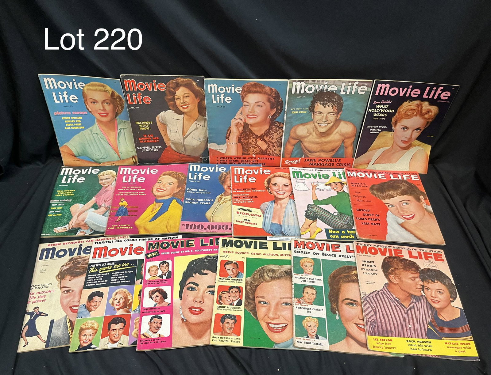 Large Collection of 1950s "Movie Life" Celebrity Magazines: A large lot of seventeen "Movie Life" celebrity magazines ranging from 1953-56. Cover stars include Grace Kelly, Elizabeth Taylor, Doris Day, and more.