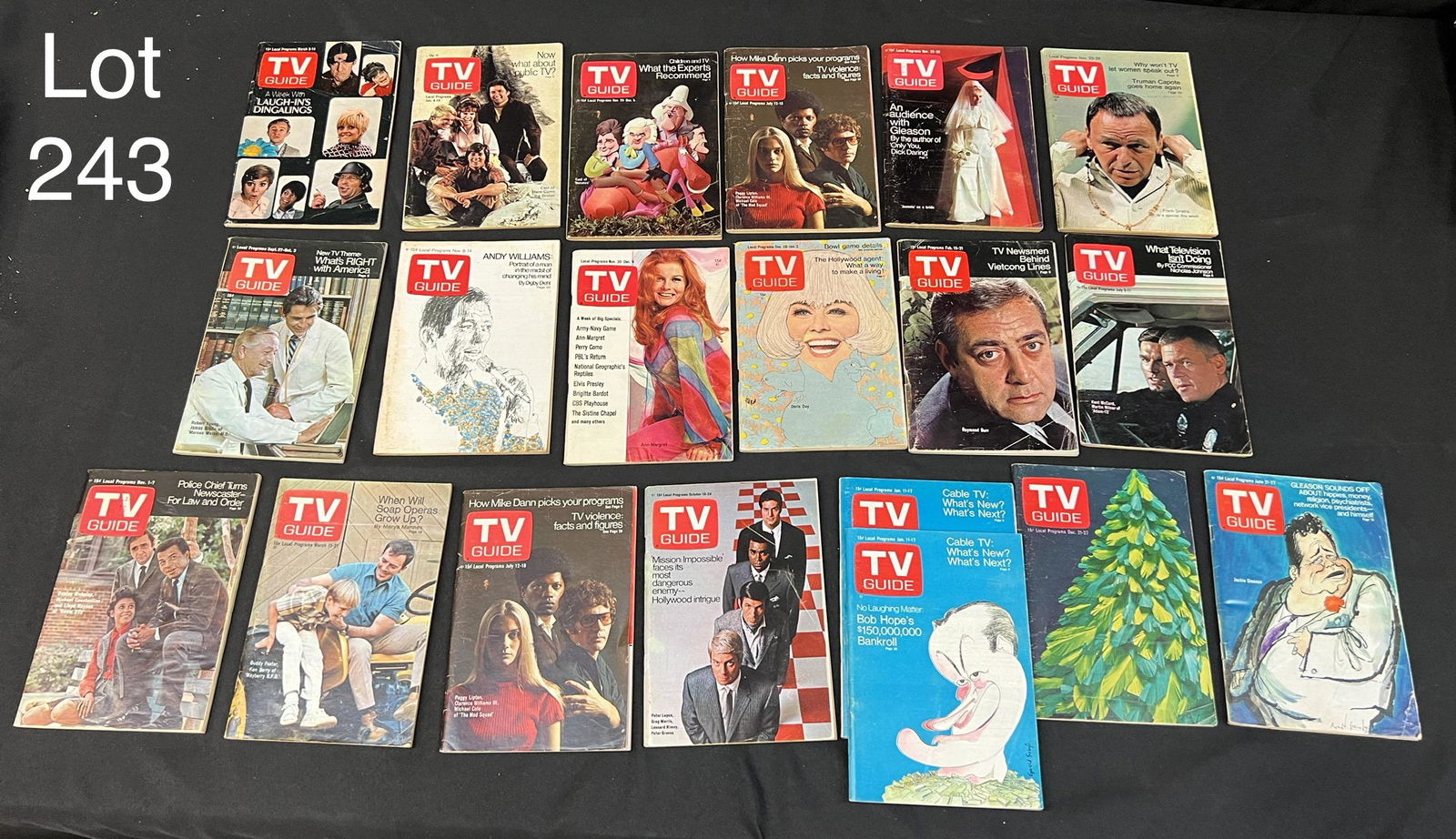 Selection of TV Guides from the Late 60s / Early 70s: Group of 20 late 60s / early 70s TV Guides. Covers feature the cast of The Mod Squad, Laugh-In, Adam-12, Room 222 and more. *notes- all show wear from age.