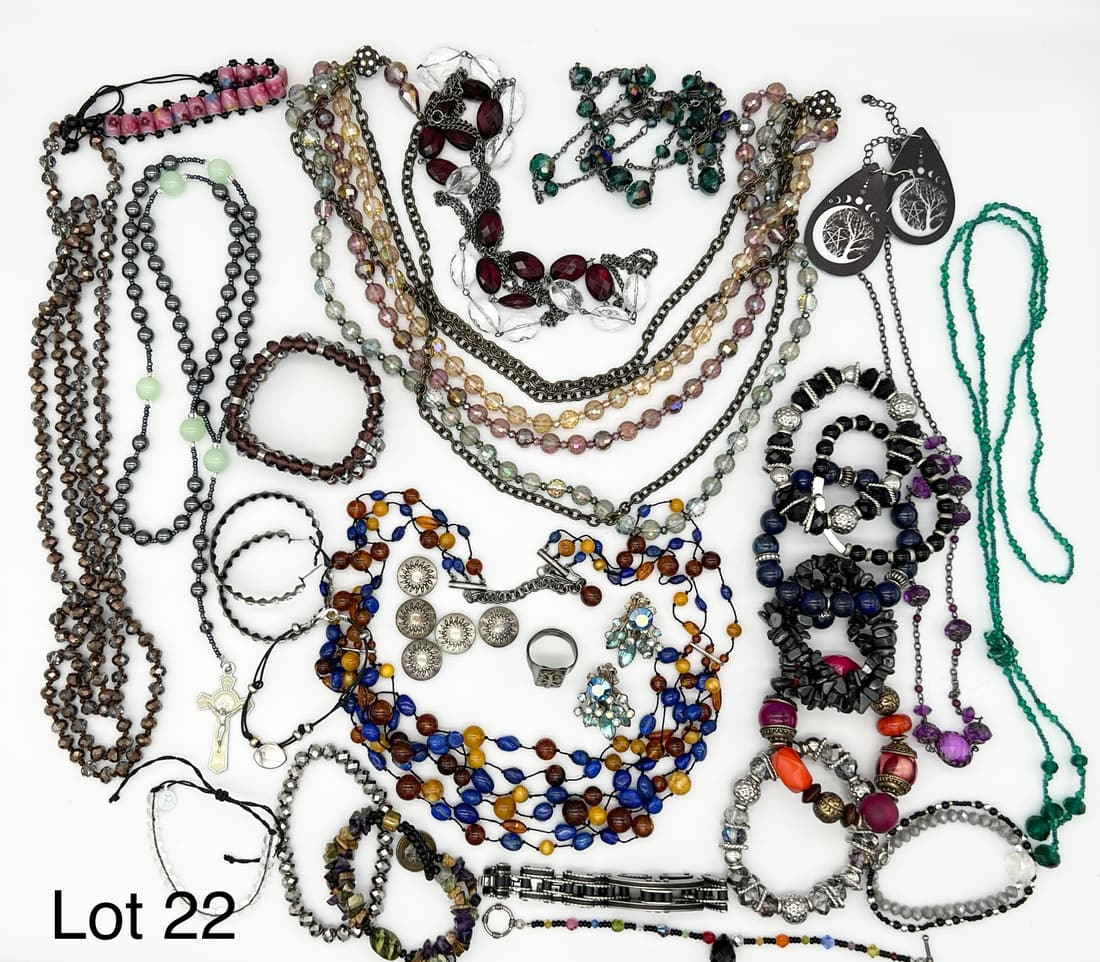 Collection of Costume Jewelry Including Beads: A variety of costume jewelry featuring many dazzling beaded necklace and bracelets.