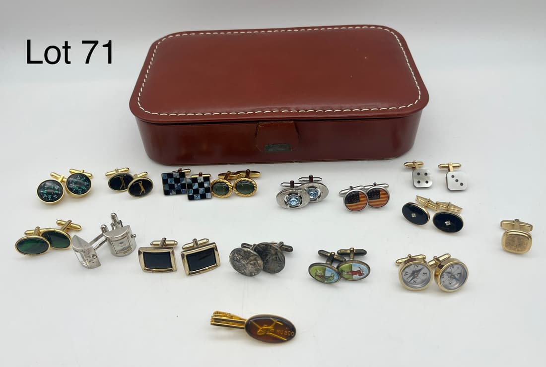 Collection of Men's Cufflinks Including Sterling: A collection of fashionable men's cufflinks in a number of unique designs, including two compass pieces, a timepiece pair, and more. In addition, some pieces are noted silver or gold filled, including