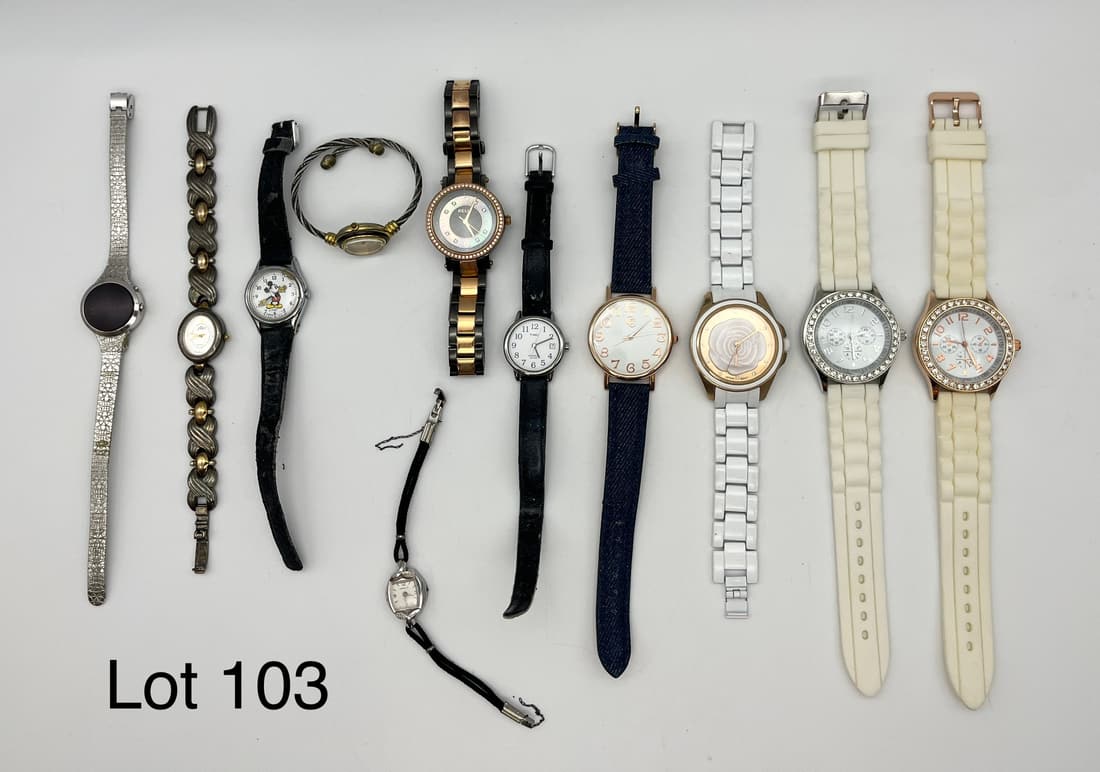 Mixed Lot of Watches: Mixed lot of eleven wrist watches in a variety of styles. Includes makers like Timex, Caravelle, Alto, Disney, Relic, and more.