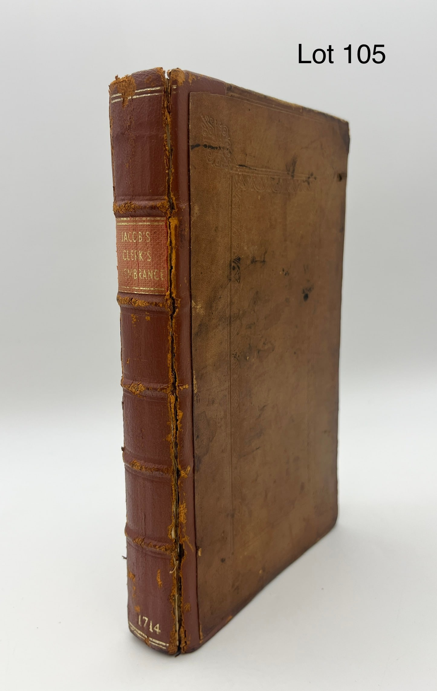 1714 "The Clerk's Remembrancer" by Giles Jacob (1686-1744): An antique 1714 edition of "The Clerk's Remembrancer" by British legal author GIles Jacob (1686-1744), a general guide to the clerking and bookkeeping of the day. Worn hard leather cover, measures 5" 