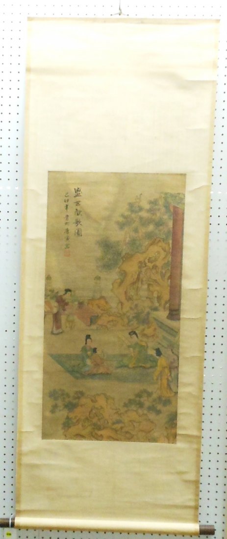 Hanging Watercolor Scroll 'Musicians': China, 17" X 34", Hanging Scroll watercolor on cloth like dark paper, women musicians with other women watching, marked, good condition with stains