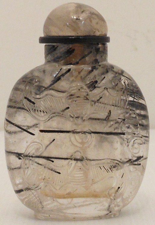19th C. Carved Rutilated Quartz Snuff Tourmaline: China, 2 5/8" tall X 1 3/4" wide, Antique Qing Dynasty quartz snuff bottle with black tourmaline needles, flattened ovoid shaped carved with opposing bats and a dragon, quartz stopper, excellent condi