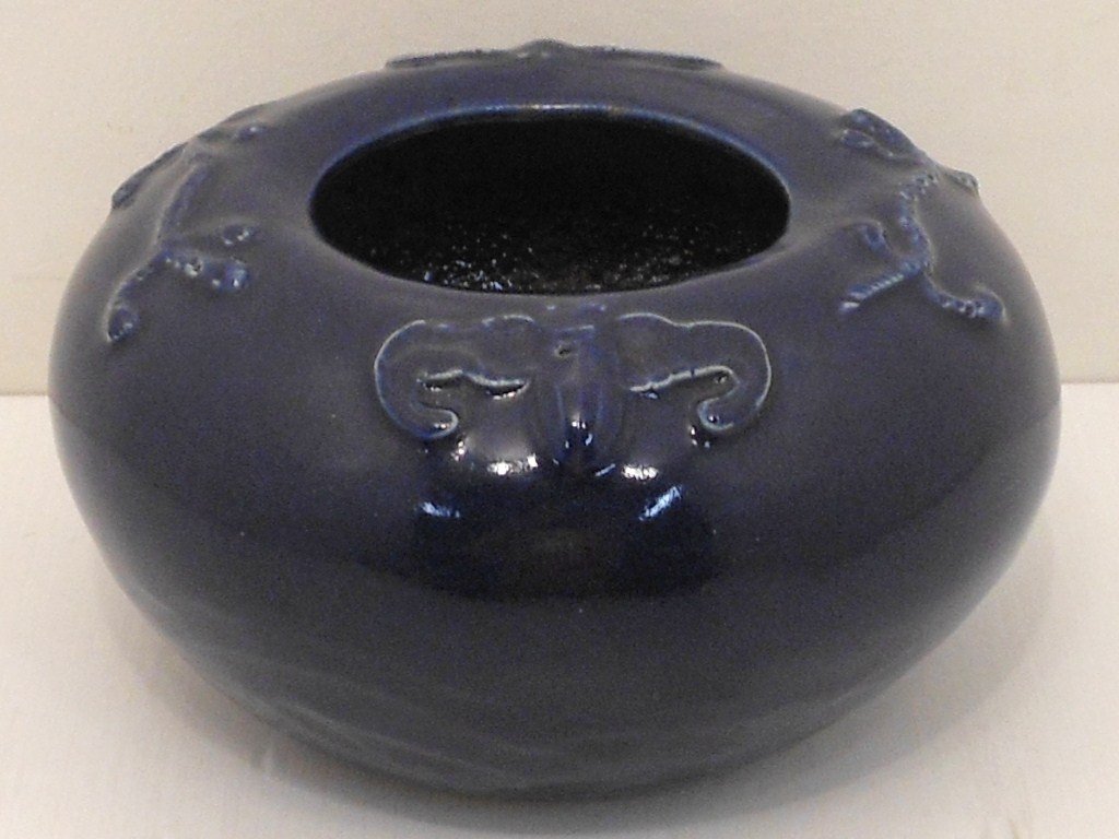 Antique Monochrome Porcelain Brush Washer: China, 3 3/4" tall X 7" wide, deep blue glaze porcelain brush washer decorated with lizard and bats, unmarked, great condition
