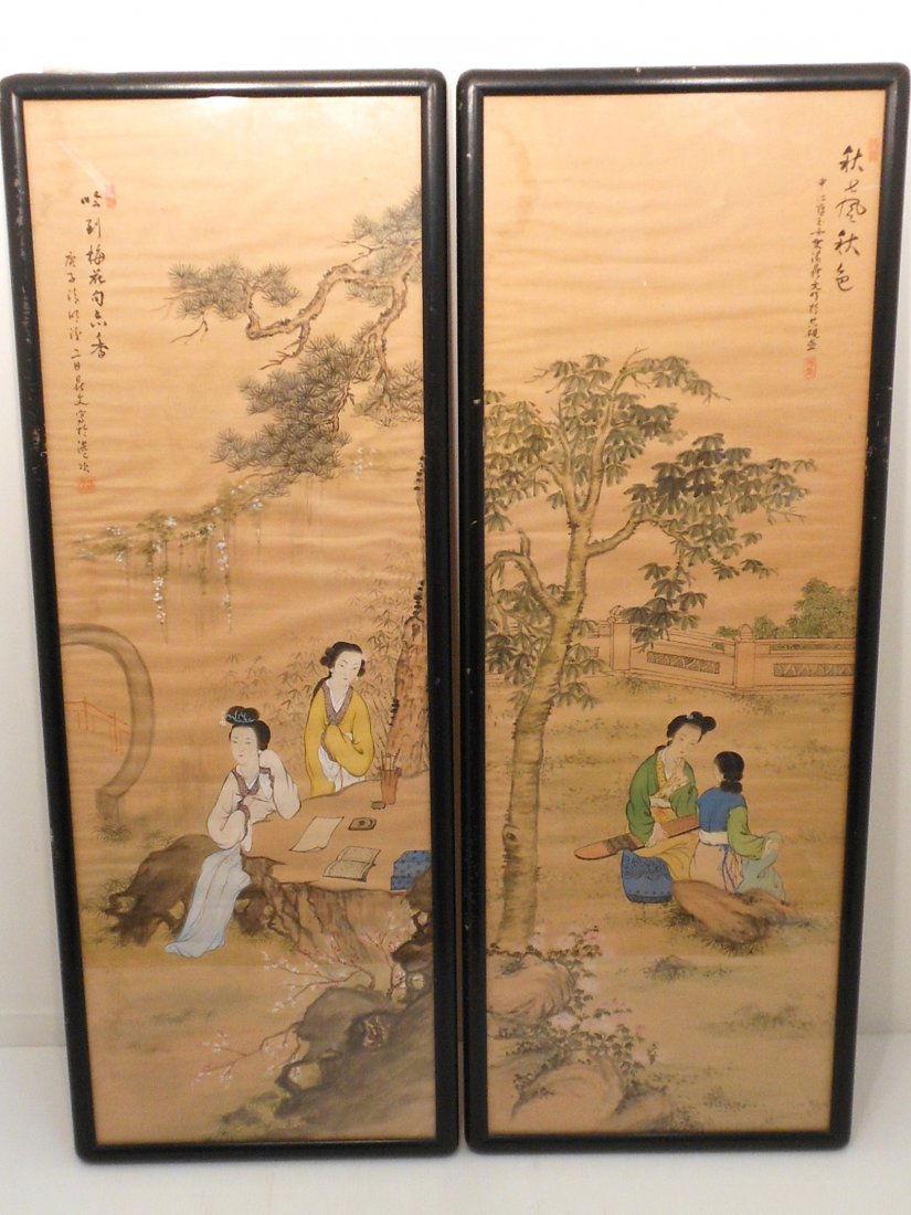 Pair of Framed Watercolors: China, Pair of 11 1/2" wide X 34" tall watercolor paintings, both of women in landscape scenes, each has two red artist seals, both in great condition with stains, in wood frames that are little rough