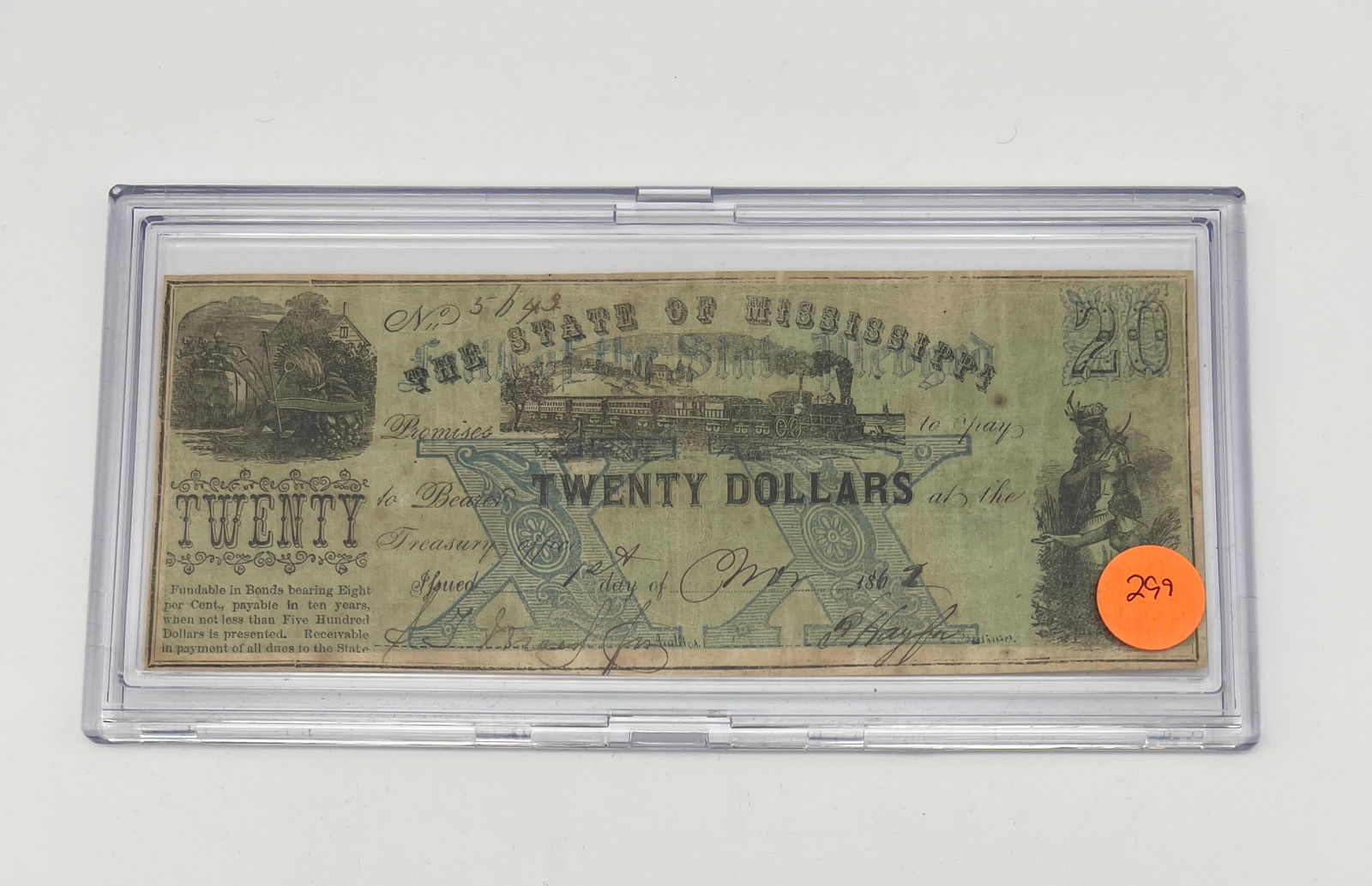 1862 $20 Mississippi Note (1 of 2)