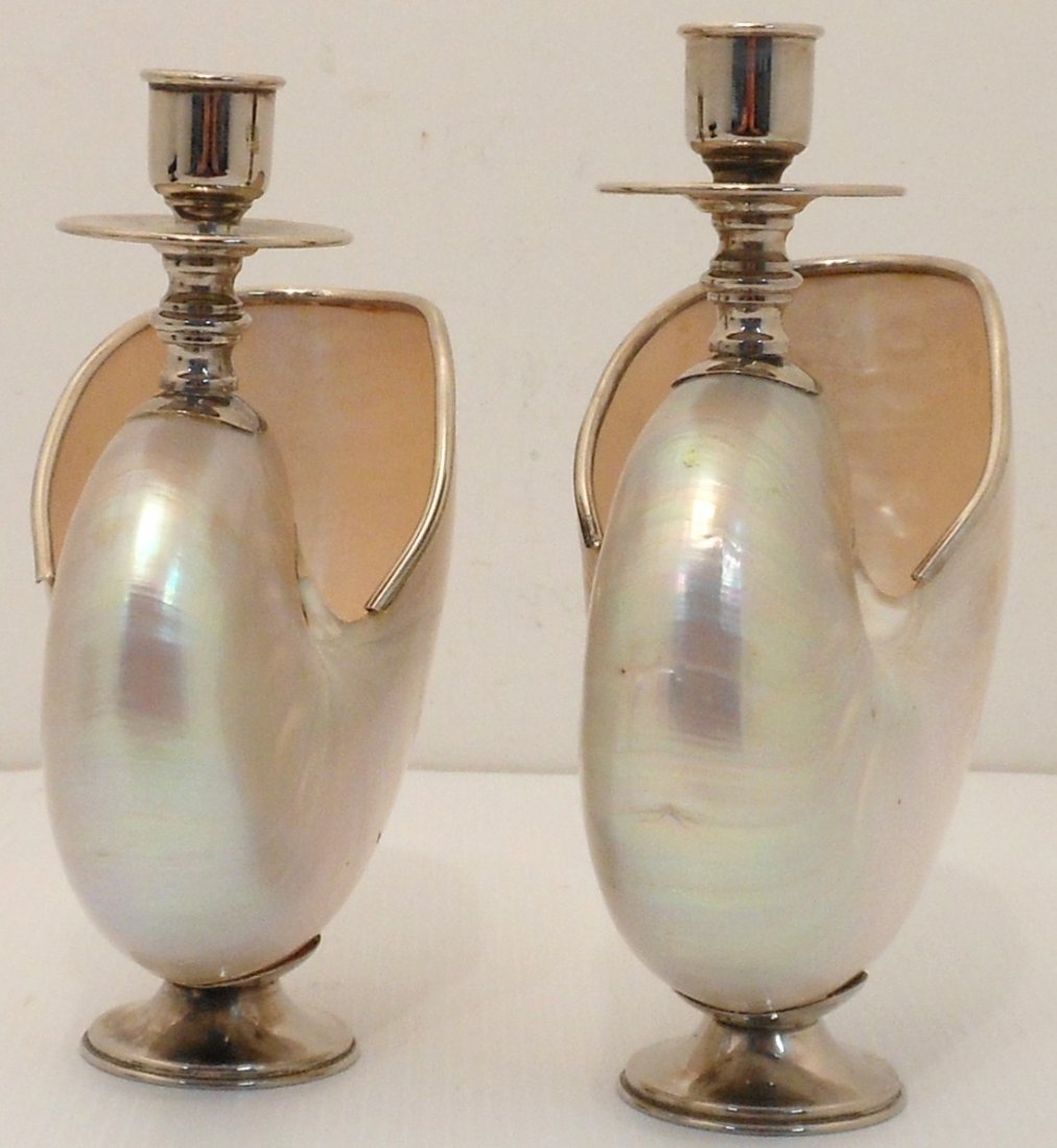 Nautilus Seashell Candle Holders: Pair of 8" x 6 1/2", seashells with attached base, top and rim of shiny base metal, unmarked, great condition