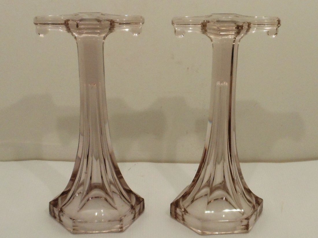 Antique Glass Store Shelf Supports: Pair of 12 1/8" tall X 6" wide, unique Antique Glass Store Shelf Supports with six sided base and narrow 'T' shaped top (most are round), glass slightly changes colors in different light, excellent co