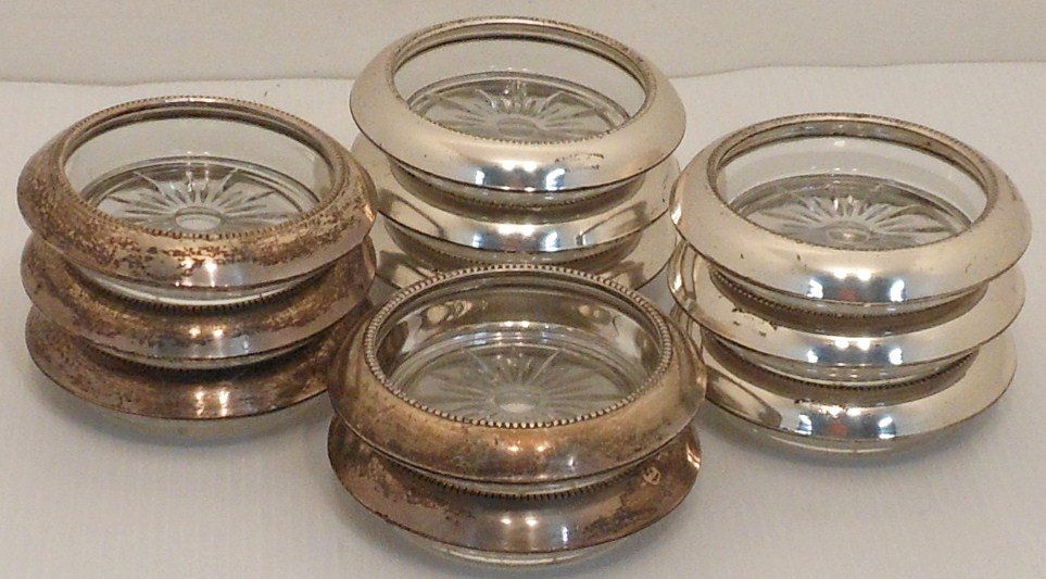 Set of Sterling Rimmed Glass Coasters: Set of 11 Frank M. Whiting & Co. glass coasters with Sterling Rims, 5 are in used condition and the other 6 are in like new condition.