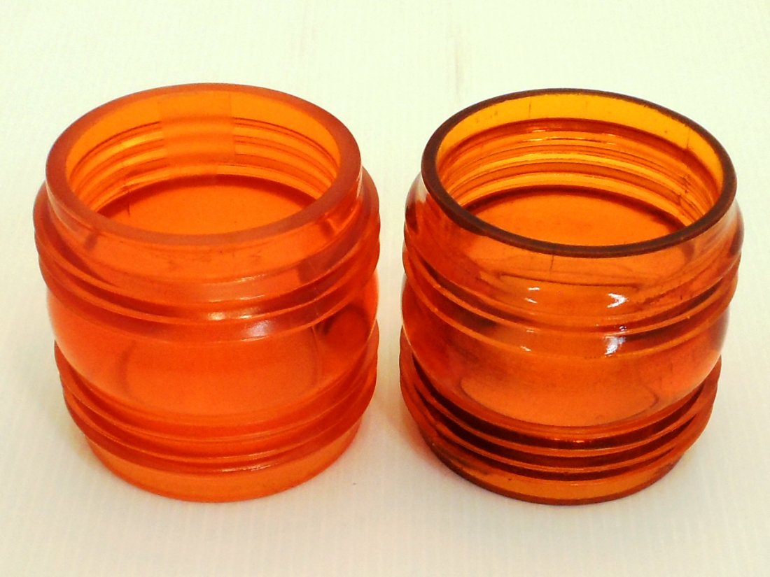 Lot of NOS Fresnel Railroad Lantern Lamp Globes #4: Lot of two. Two amber/orange globes. 3 1/4" tall and wide, made by Embury, dusty new old stock, excellent condition.