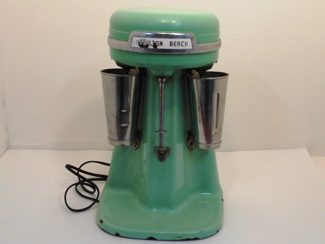 Hamilton Beach Milk Shake Mixer: 20" tall X 13" wide X 9" deep, Jadite model 40DM, three head, includes two metal mixing cups, good condition with some scuffs and scrapes, some paint loss, great working condition, missing two control