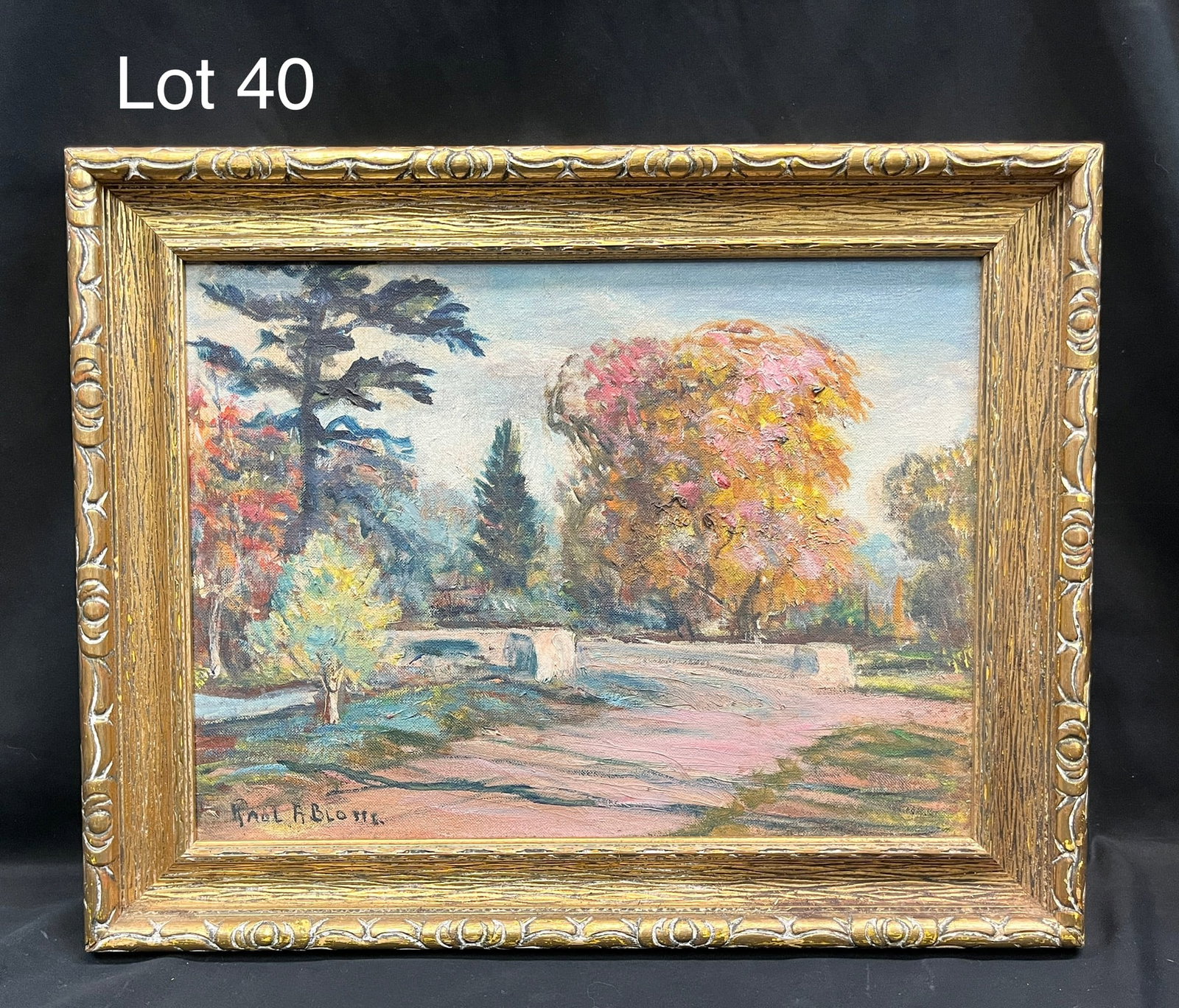 Oil on Board "Bridge" by Paul A. Bloser (1891-1971): An oil on board painting titled "Bridge" by Pennsylvania artist Paul A. Bloser. Gilt frame with inlaid nature motif, artist's signature at the bottom left, title on back. Piece measures 19 1/2" x 15 1