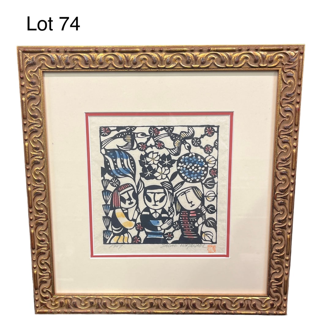 Signed Woodcut by Sadao Watanabe (1913-1996): A signed color woodcut by Japanese mingei artist Sadao Watanabe (1913-1996). No title noted, piece depicts three figures holding large, abstract flowers. Dated 1967 at the bottom margin, along with ar