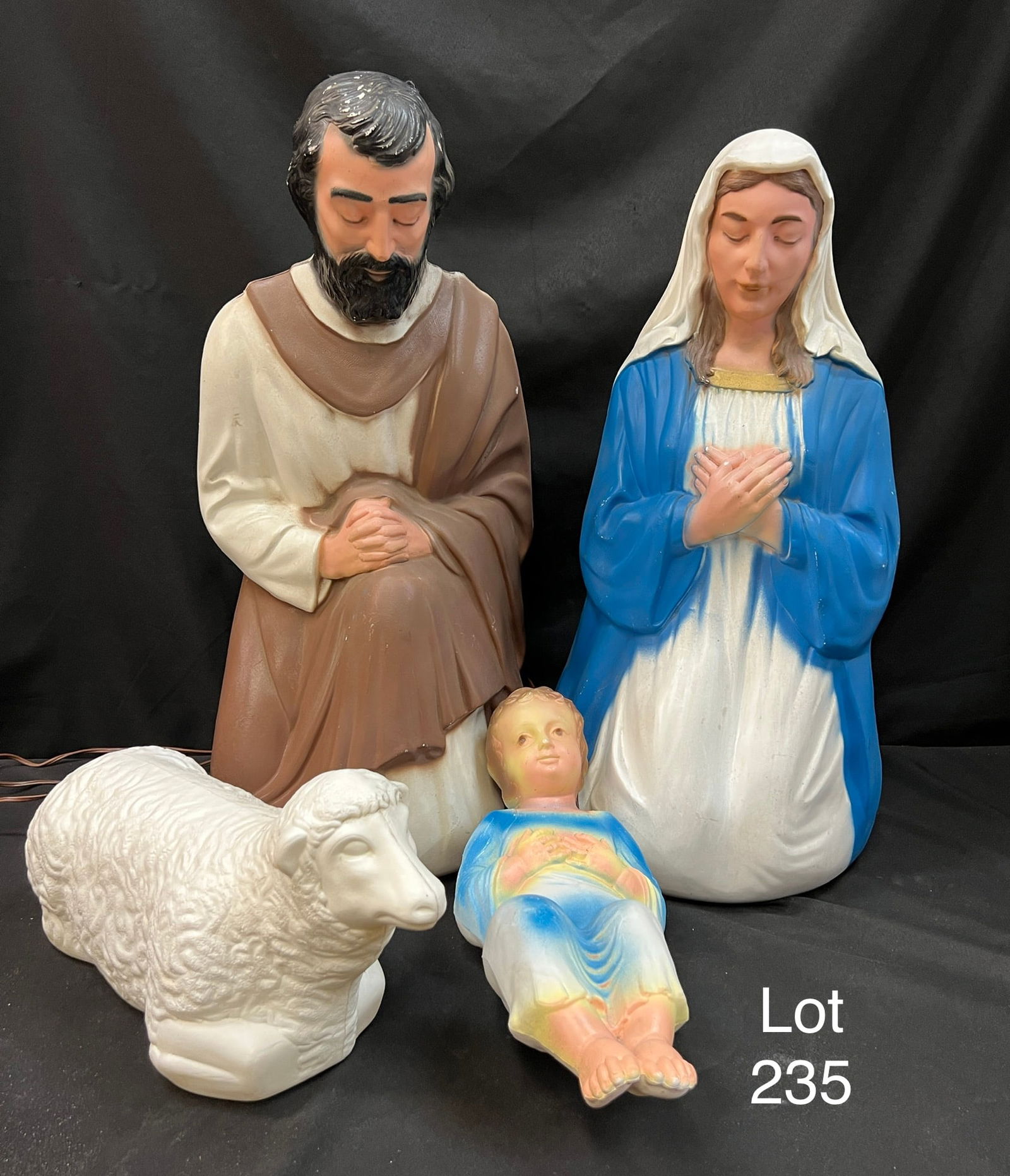 Vintage Empire Blow Molds Christmas Nativity Decorations: Set of 20th Century Empire Blow Mold light up decorations depicting the nativity scene. This lot includes Joseph, Mary, Baby Jesus and a lamb. Joseph is 27" tall. All light up with the exception of th