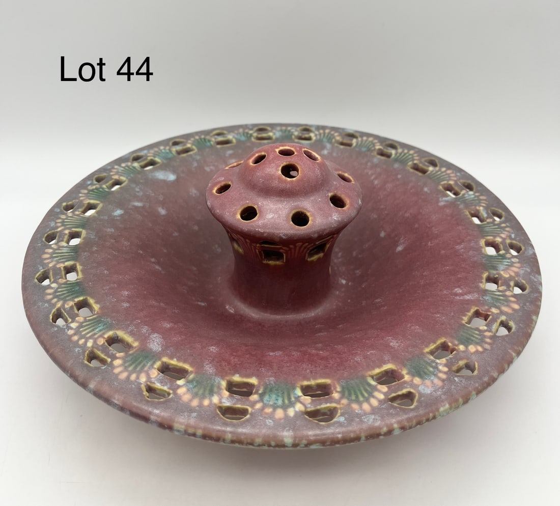Vintage Roseville Ferella Flower Frog Bowl: A vintage Roseville "Ferella" rose flower frog bowl, painted accents and perforations all along the rim. No makers marks noted, piece measures 10" across. *note - no chips/cracks