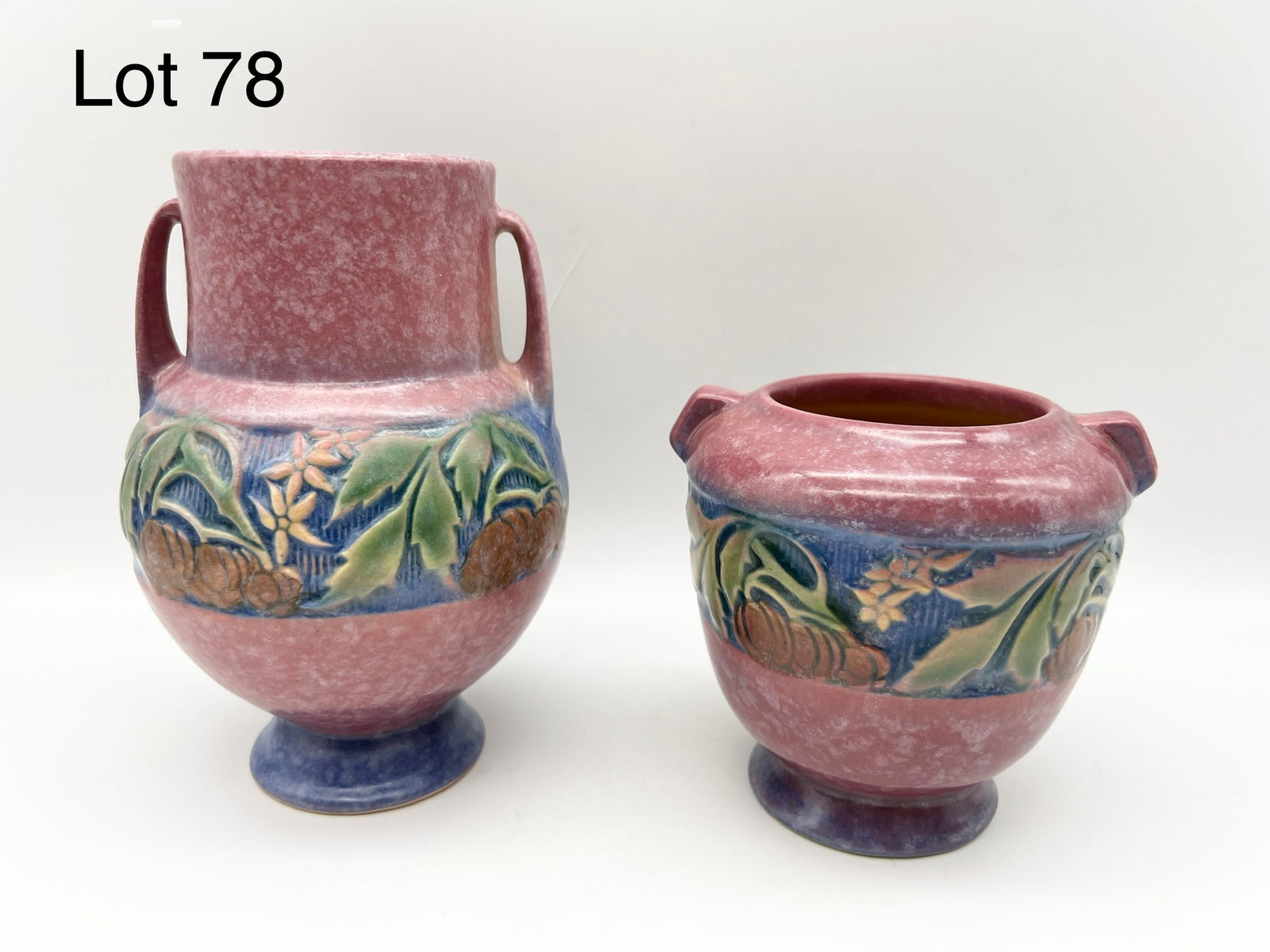 Duo of 1930s Roseville Handled Vases From Benada Line (1 of 11)