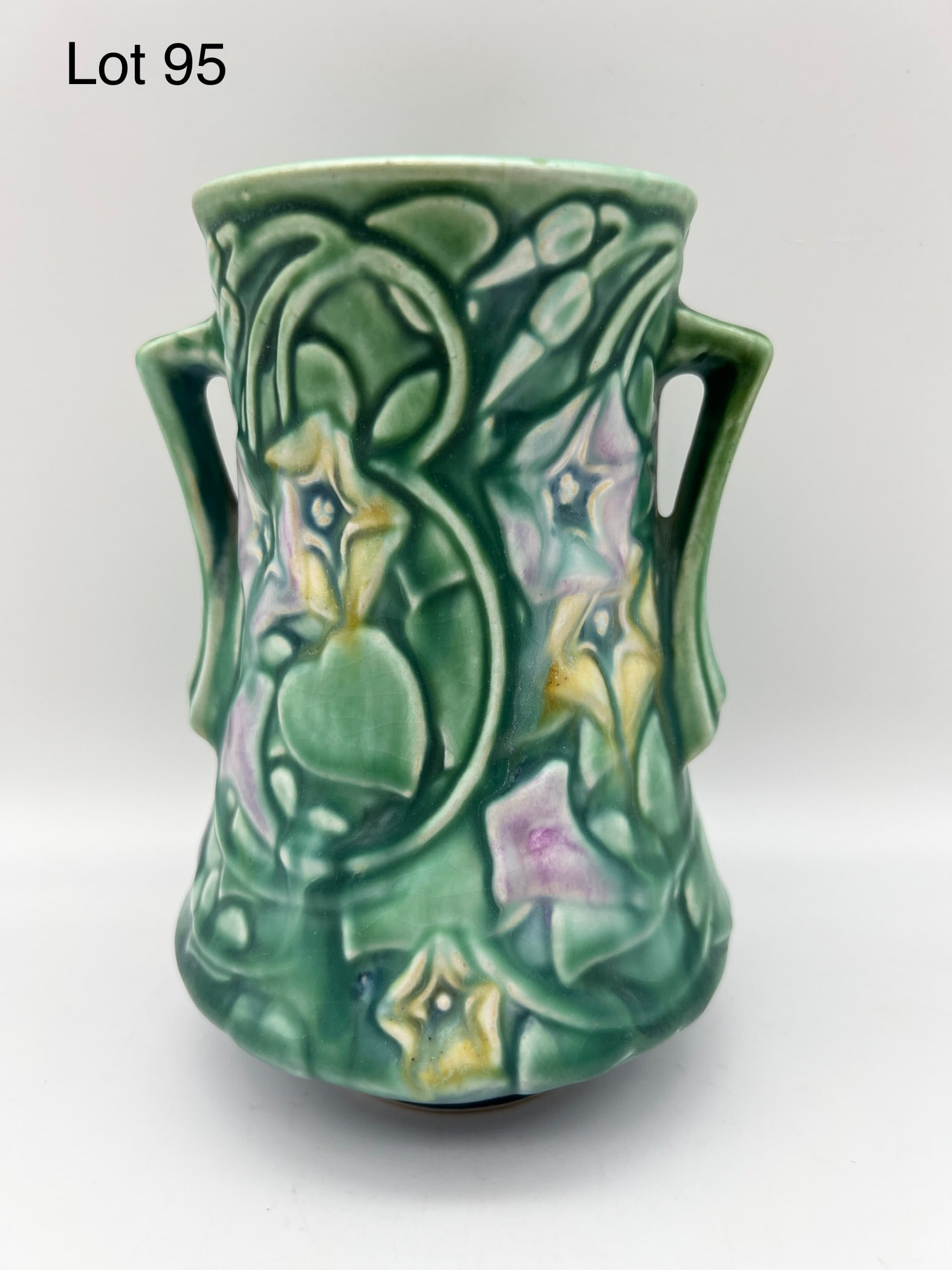 1935 Roseville Morning Glory Two Handled Green and Blue Vase #724-6 (1 of 6)