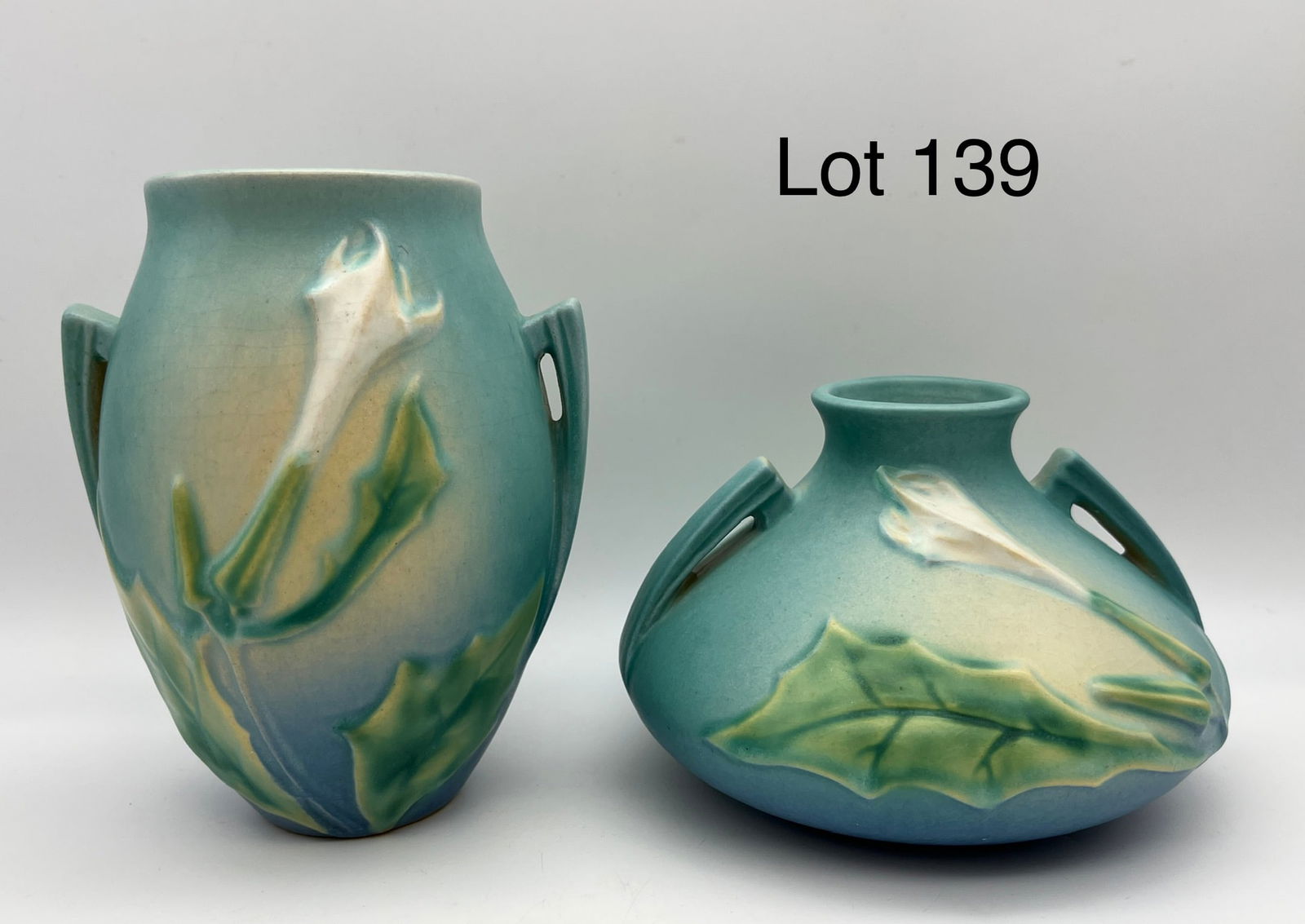 Duo of Blue Roseville Thornapple Flower Vases (1 of 9)