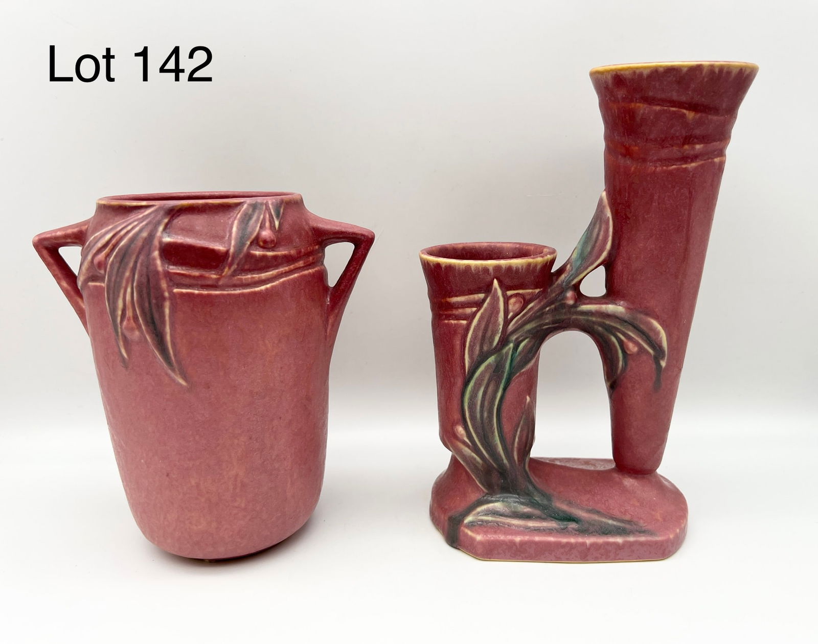 Duo of 1930s Roseville Pottery Pink/Rose Velmoss Vases (1 of 9)