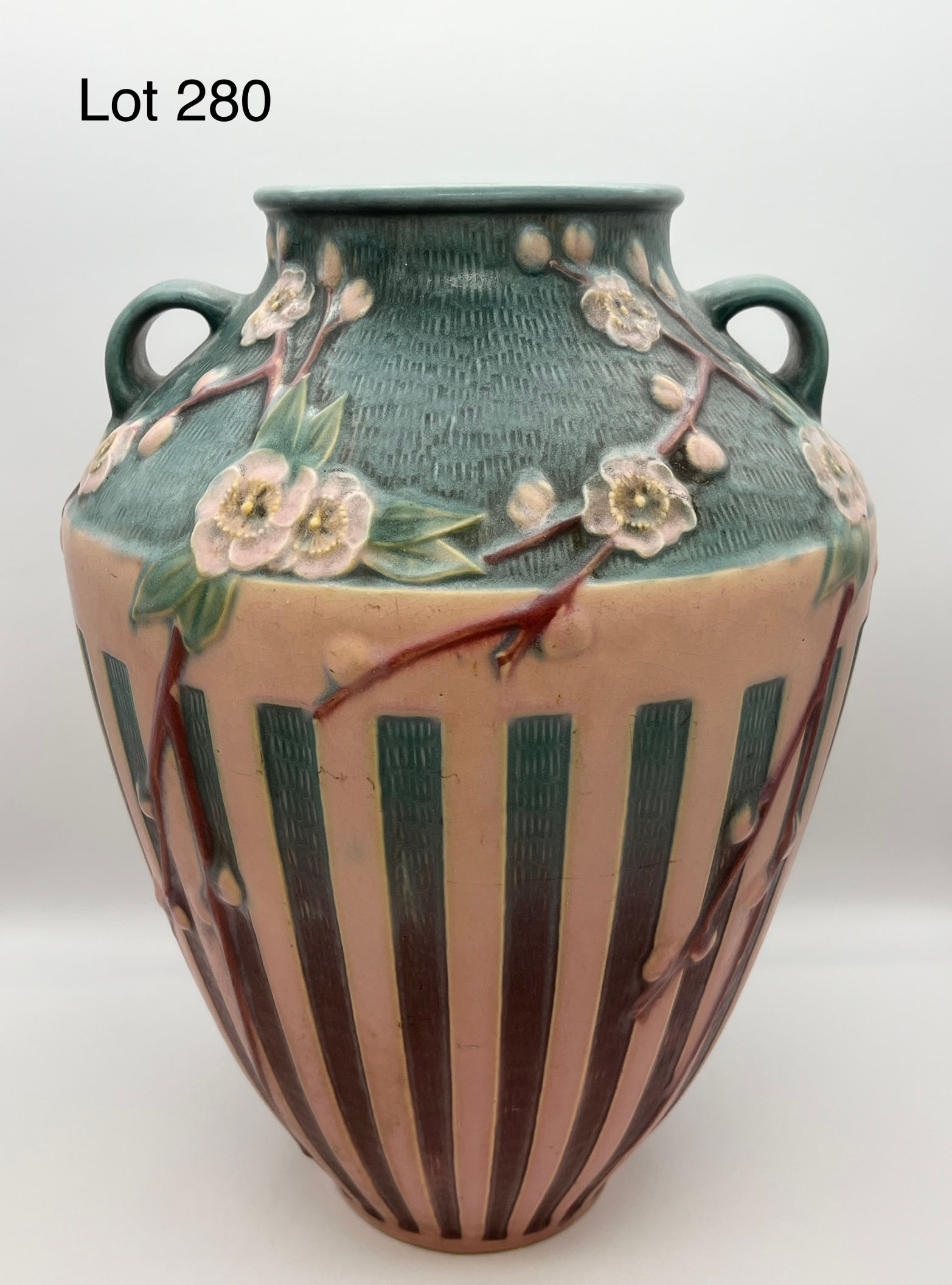 1933 Roseville Pottery Cherry Blossom Pattern Floor Vase, 628-15 (1 of 13)