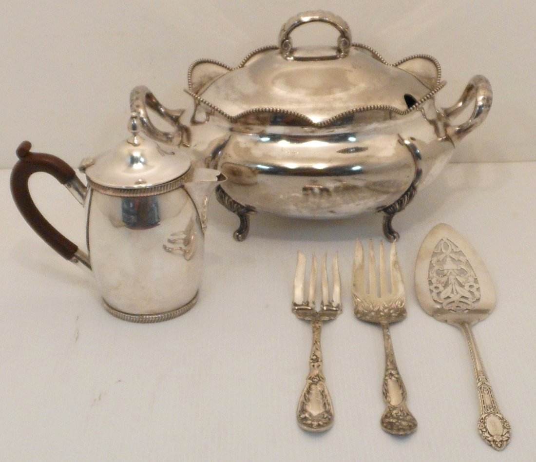 Lot of Silverplate Teapot, Tureen, Pie Server and Forks: Lot of five. 1. 6" teapot with wood handle, I.F.S. LTD England. 2. 12 Half pint Simpson H.M. & Co. Tureen, 1847. 3. 10 3/4" pie server, Community Plate. 4. 8 1/4" Oxford ornate serving fork. 5. 8 1/2"