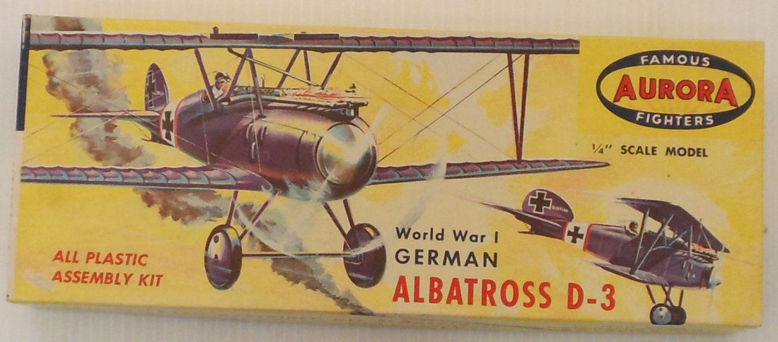 1/4" Scale Model WWI German Albatross D-3: All plastic assembly kit by Aurora, kit no. 104-79, 1956, partly built, may be complete, decals and instructions, box in excellent condition