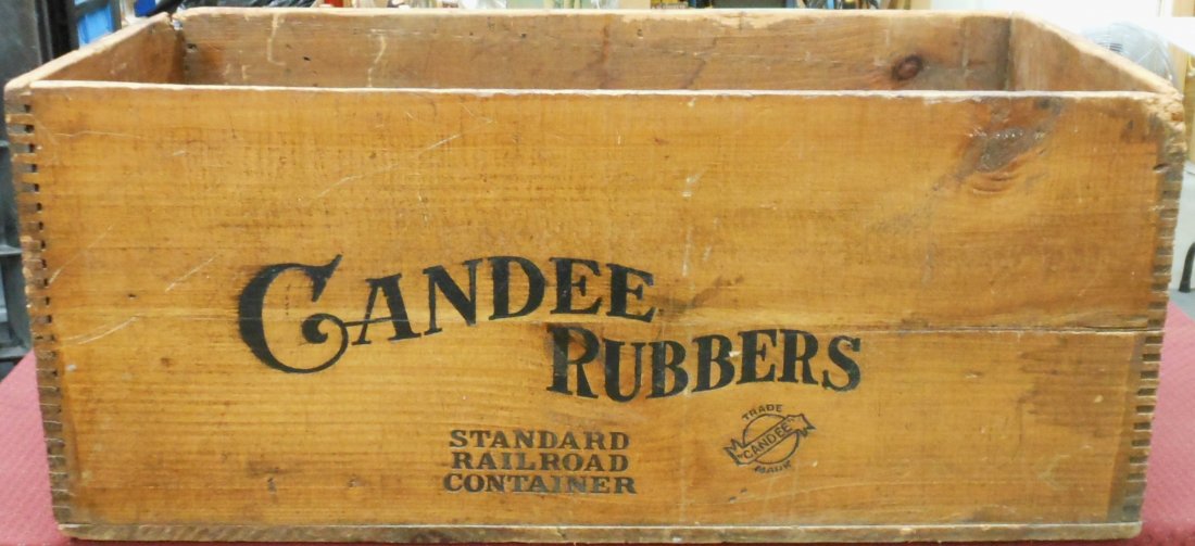 Antique Candee Rubbers Wood Shipping Crate: 123 1/2" tall X 29 1/4" long X 15 1/2" wide, Candee Rubber Co. New Haven Conn. large wood shipping display crate / box with finger joints, sides are marked: Candee Rubbers Standard Railroad Container,