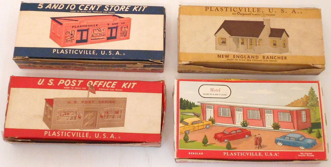 Vintage Plasticville Kits #1: Lot of four. Motel 1621 100. US Post Office PO-1. 5 and 10 Cent Store Kit CS-5. New England Rancher MH-2. All are in used condition and look to be complete. Box are in good condition with some wear.