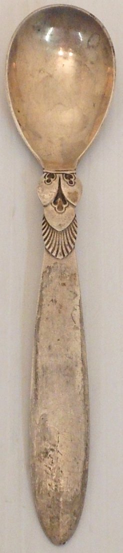 George Jensen Sterling Spoon: 4 3/4" Cactus egg spoon, marked, used condition, 0.74 troy Ozs.