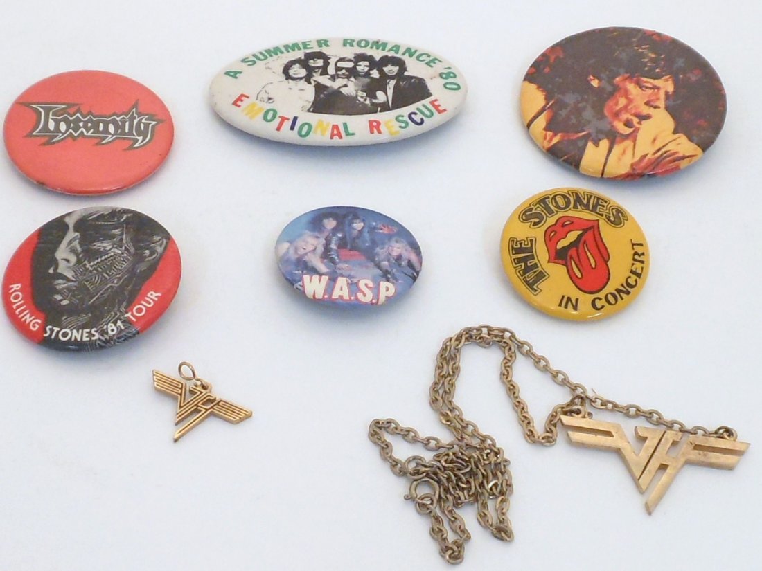 Lot of Rock-n-Roll Pins and Necklace: Lot of eight. Four Rolling Stones pins, '80 tour, '81 tour, The Stones in Concert and a Mick Jagger. A WASP pin, an Insanity pin, a Van Halen charm and a Van Halen necklace. All in used condition.
