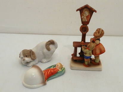 Lot of Lladro, Goebel and Hummel Porcelains: Lot of three. Lladro NAO Spaniel Dog 1982 Porcelain Figurine. Goebel Hummel W. Germany Guardian Angel Holy Water Font 248/0. Hummel Figurine "Adoration" #23/1 TMK 2. All in great condition.