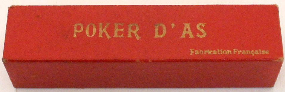 Vintage French Poker D' AS Dice with Box & Instructions: Set of five French celluloid poker dice in their original box, dice have some staining, instructions have some hand writing with box, great condition.