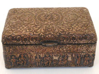 Towle Hand Chaised Silverplate Trinket Box: 5 1/4" wide X 2 1/2" tall X 3 1/2", hand chaised pub scene on the lower section , above is a detailed floral motif, hinged lid exposes a wood box, marked, great condition with heavy plate wear.