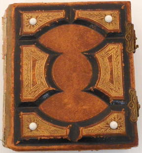 WW Harding Photograph Album Tin Types Early B&W: 5 1/2" X 6" X 2 1/2" clasped photograph album with 45 photos many tin types and early black and whites, cover is rough, spine cover is missing, great collection of portraits.