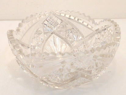 American Brilliant Cut Glass Bowl: 4 1/2" tall X 9" diameter, thick and heavy American Brilliant Cut Glass Bowl, deeply cut, great condition with two flea bites.