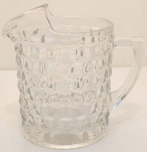 Early Fostoria American Water Pitcher: 8 1/4" tall x 8 3/4" wide, straight side water pitcher with ice lip, circa 1940's, one half gallon, Excellent condition.