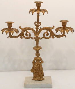 Gilt Metal Girondelle Candelabra Marble Base: 18" tall X 14" wide X 4" deep, gilt metal holds three candles sitting atop of a ladies head, unmarked, great condition with some bends.