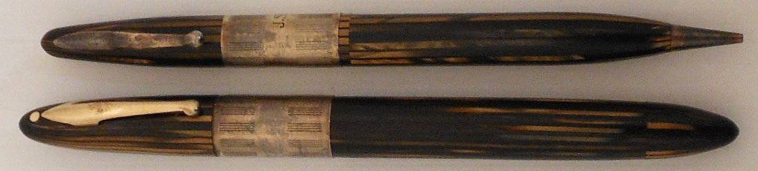 Sheaffer Balance Fountain Pen and Pencil Set: 5 3/16" long WA Sheaffer Co. celluloid grey/silver striped fountain pen set, circa 1930's, 14K nib, vac fill with plunger, nickel plated trim engraved J. Slotnick, screw on cap, clip on pencil is