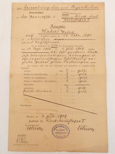 German 'Trade School' Report Card Dated 1909: 8 1/2" 12" one sided paper German 'Report Card', all in German with stamp, hand writing on back, folded, great condition with creases