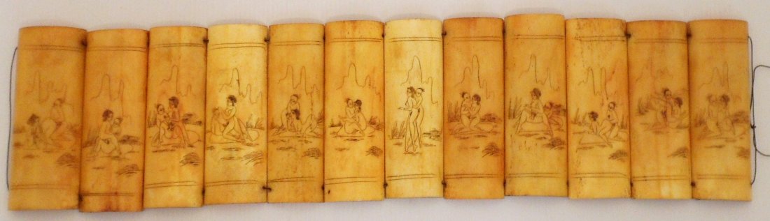 Erotic Scrimshaw Carvings on Bone Panels: Twelve 5 1/4" tall X 2" wide rib bone panels, China, each panel has different carved sexual position, great condition, has been restrung.