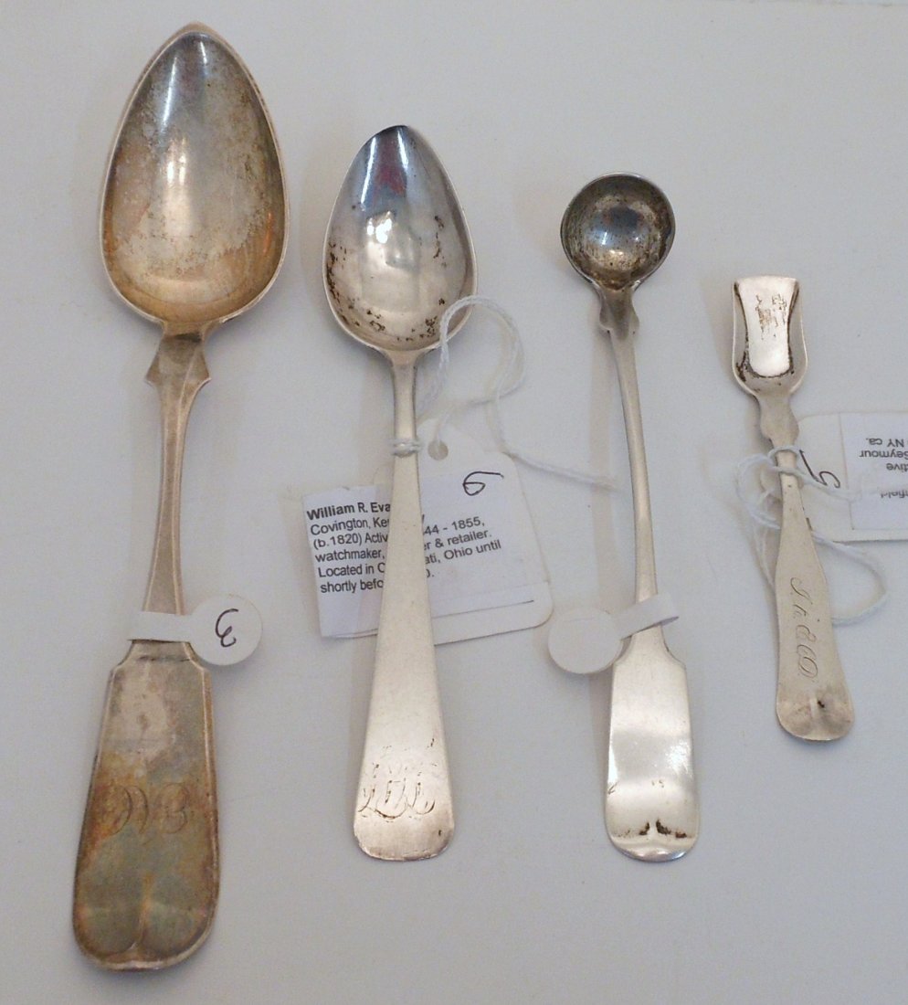 Lot of 'Coin' Silver Spoons #6: Lot of Four. Robert &William Wilson Phila, PA, 1820-1850's, tablespoon, 2. J Hollister Hartford, CT, Greenfield MA, 1818-1905, circa 1840's, salt spoon. 3. William R. Evans Covington, KY, active 1844-