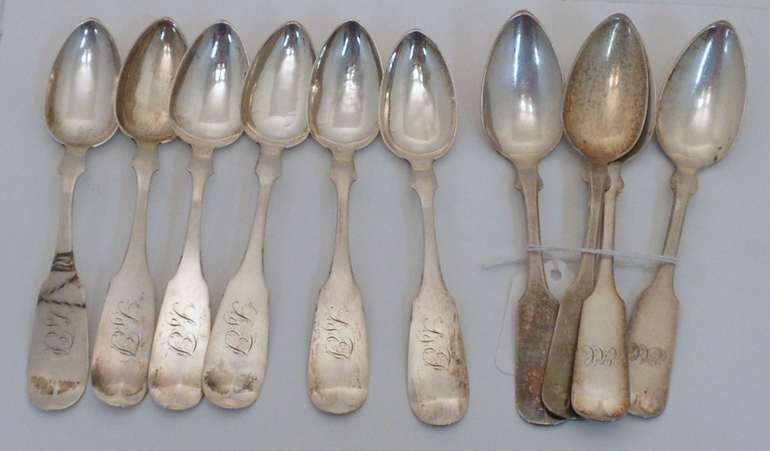 Lot of 'Coin' Silver Spoons #8: Lot of Ten. 1. Probably Robert Wilson Phila, PA. 1820-1850, set of four teaspoons. 2. R Brunswick Set of six teaspoons. 5.86 Troy Ozs.