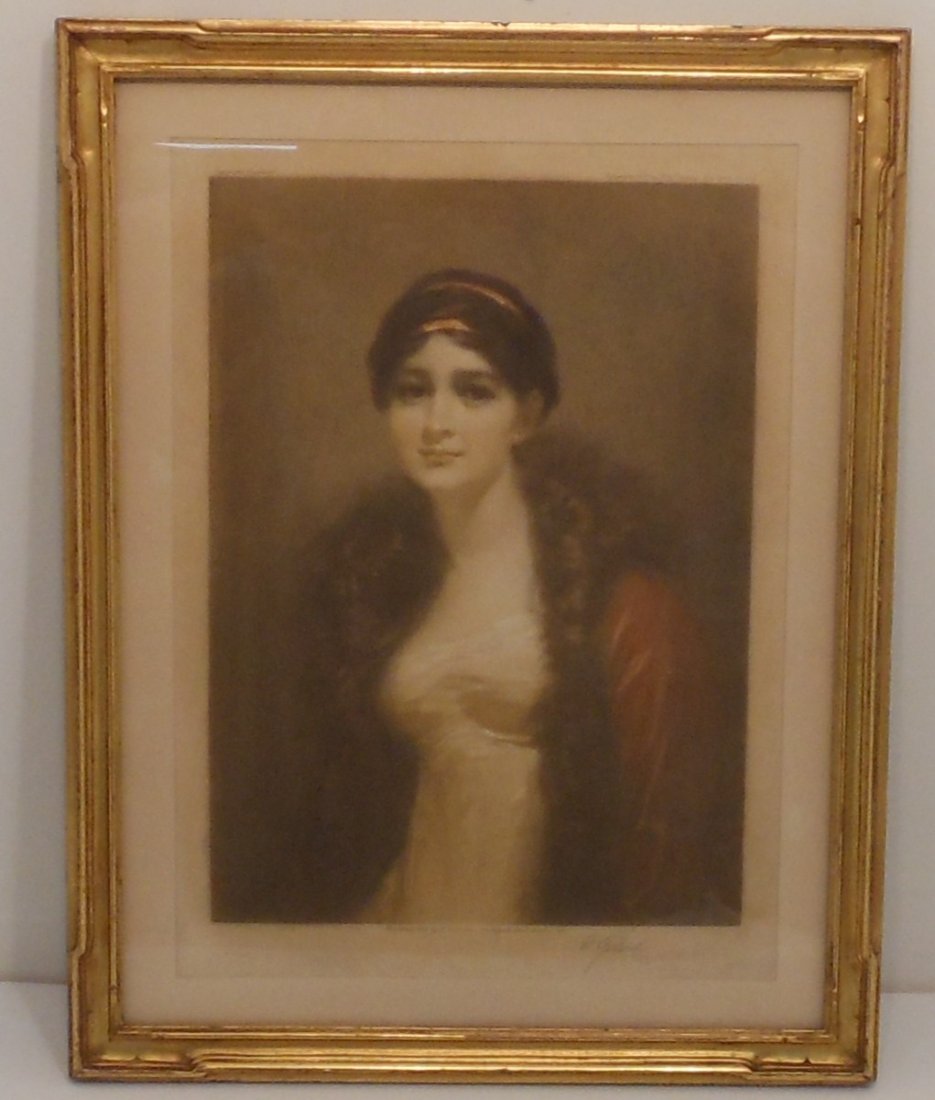 Elizabeth Gulland Color Mezzotint Signed: 11" X 15" matted in a 15" X 129" gold gilt frame, Elizabeth Gulland color mezzotint signed in pencil, 1911, after the painting "Miss De Vismes" by Sir Henry Raeburn, great condition.