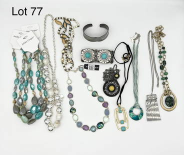 Lot of Signed Costume Jewelry With Green and Blue Tones: Selection of signed costume jewelry with green and blue tones. Makers include lia sophia, Anne Klein, Marie, Jorgen Jensen (pewter cuff bracelet), as well as 3 Ashley Cooper necklaces still on origina