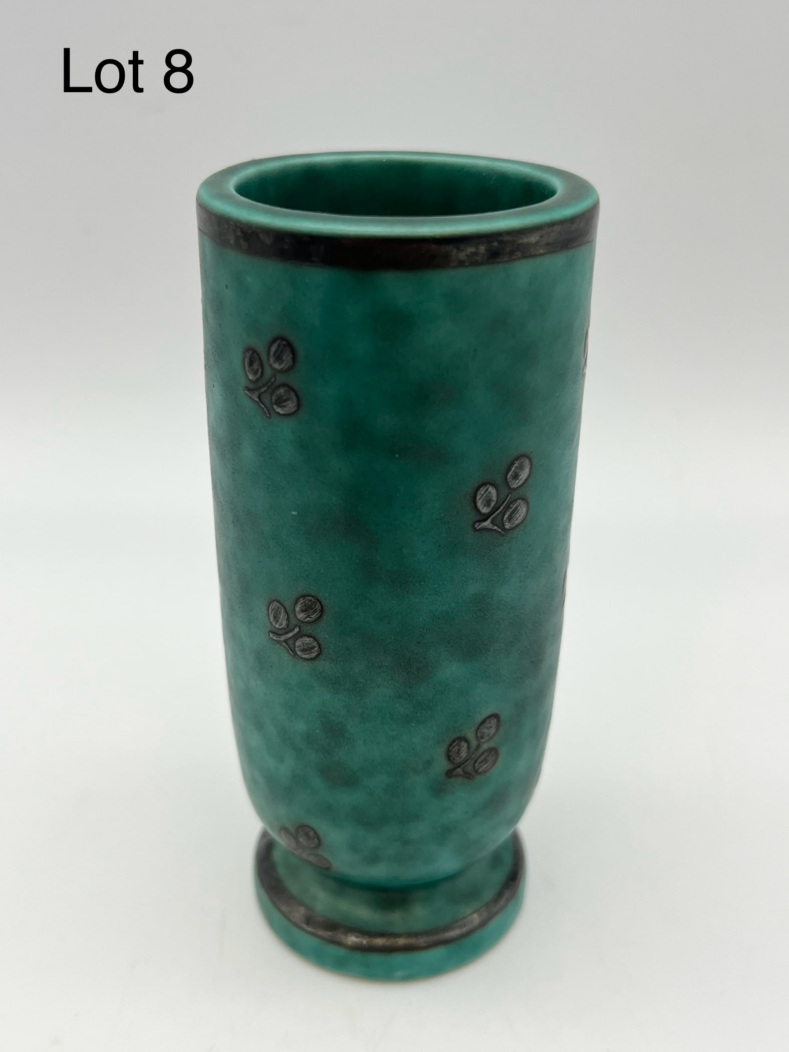 Vintage Gustavsberg Argenta Miniature Vase: A vintage Gustavsberg Argenta miniature vase in cylindrical shape with floral designs. Made in Sweden, makers marks underneath. Measures 4" tall. *note - no chips/cracks/repairs